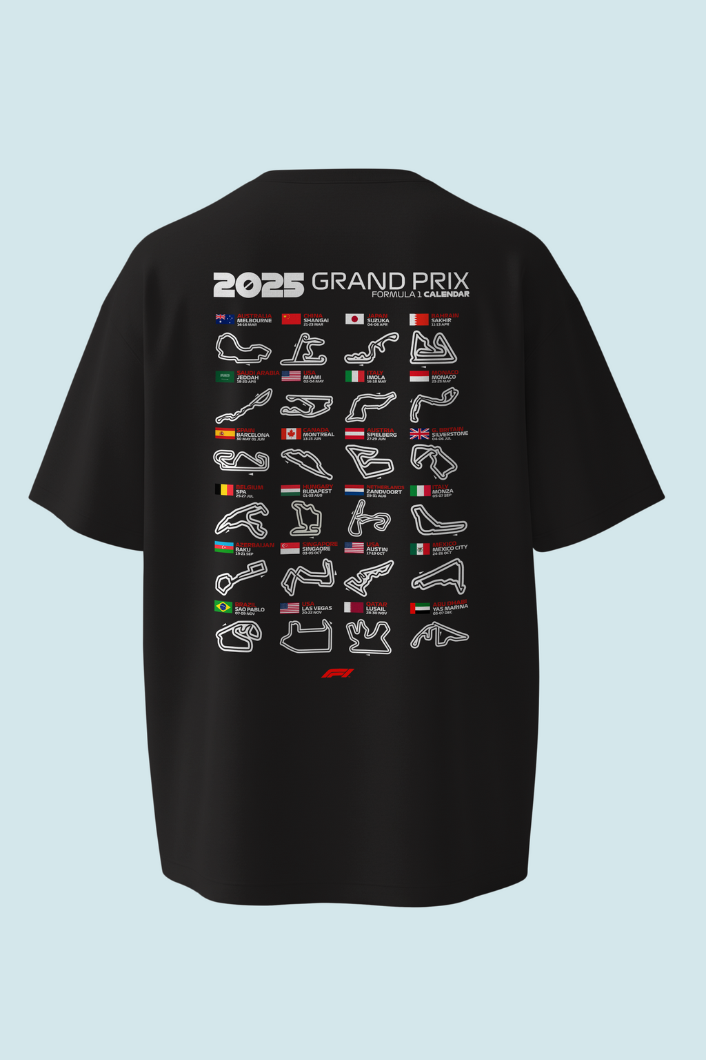 F1 2025 Season Calendar Oversized Tee | Grand Prix Track Map T-Shirt