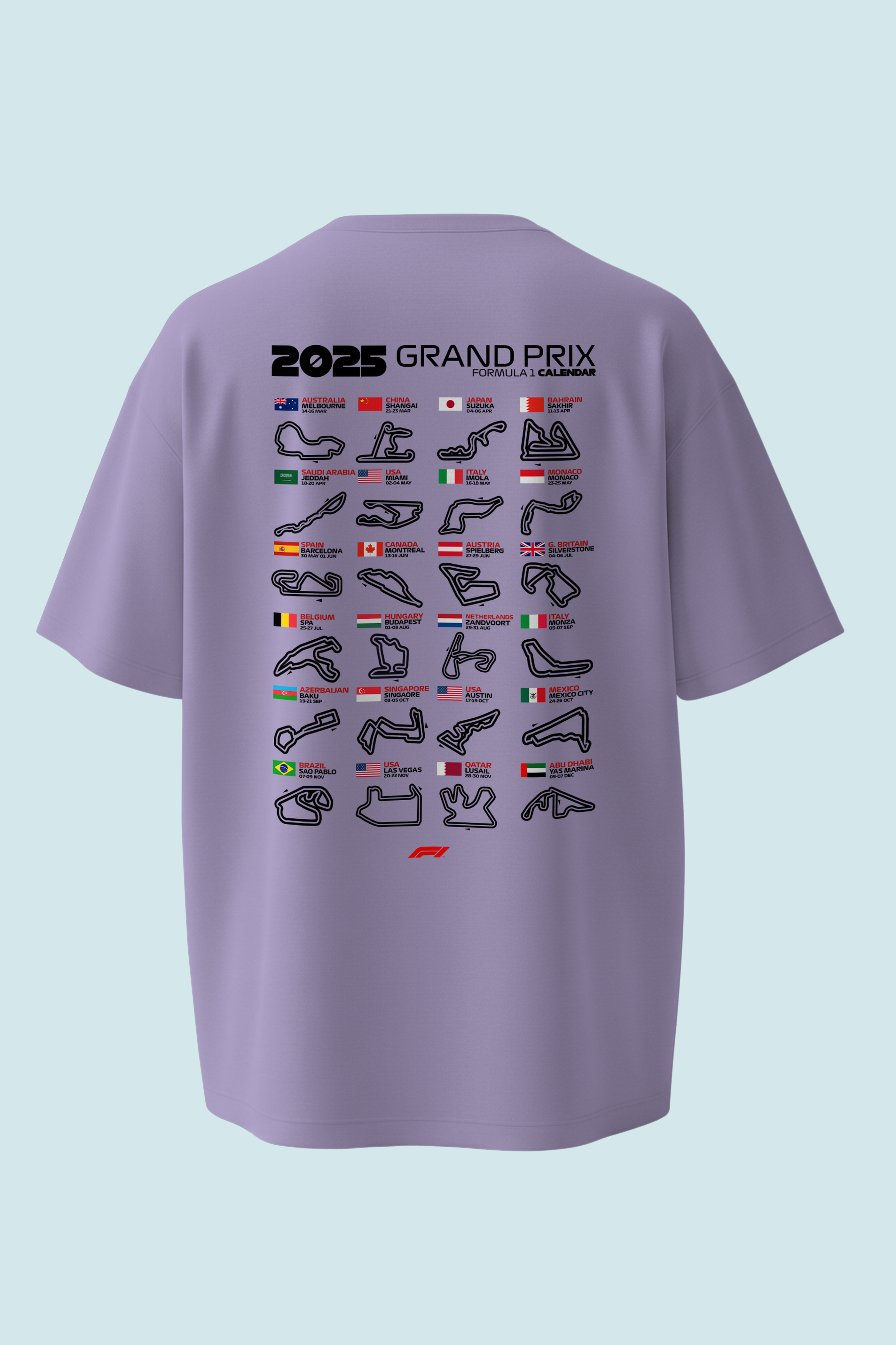 F1 2025 Season Calendar Oversized Tee | Grand Prix Track Map T-Shirt