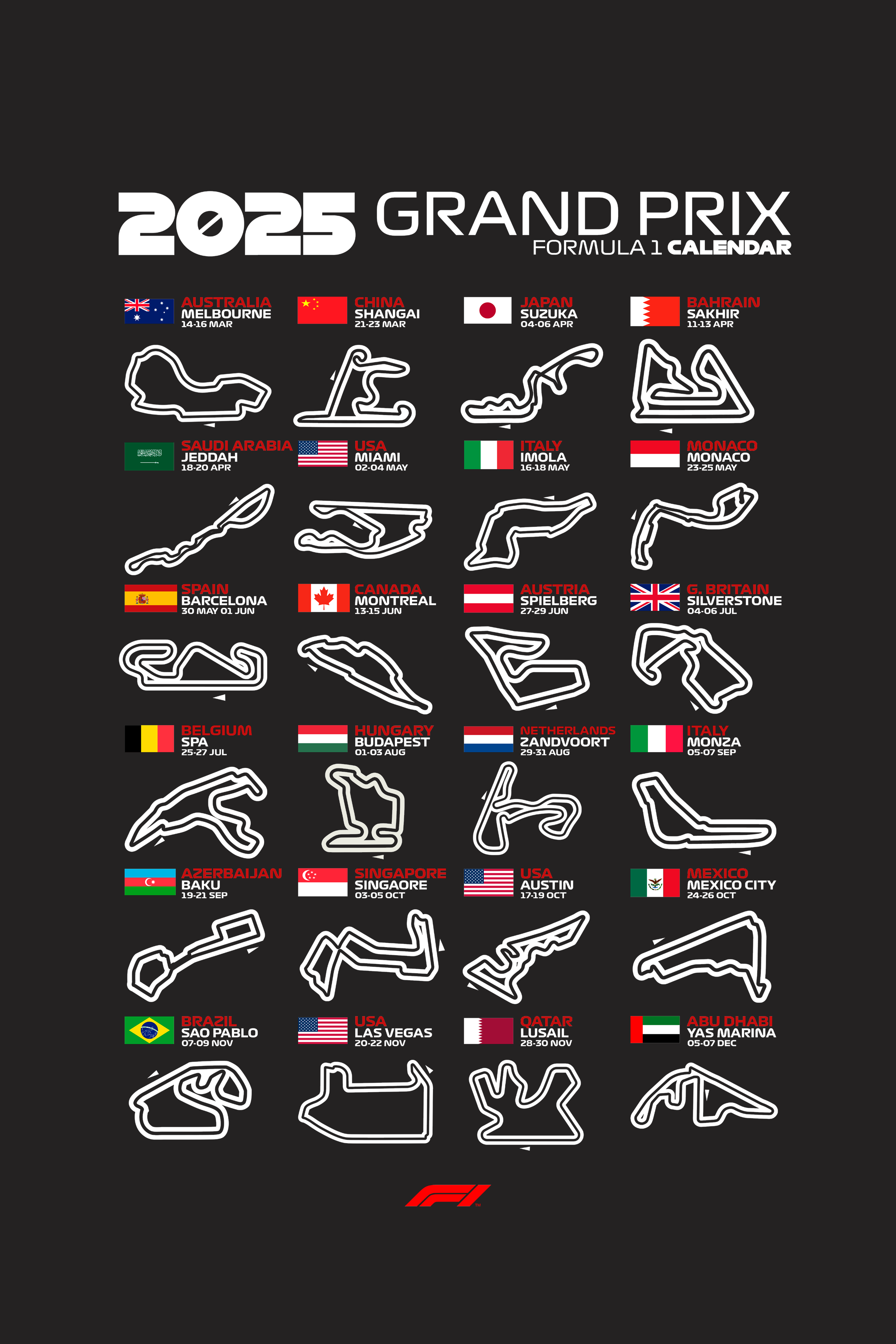 F1 2025 Season Calendar Oversized Tee | Grand Prix Track Map T-Shirt