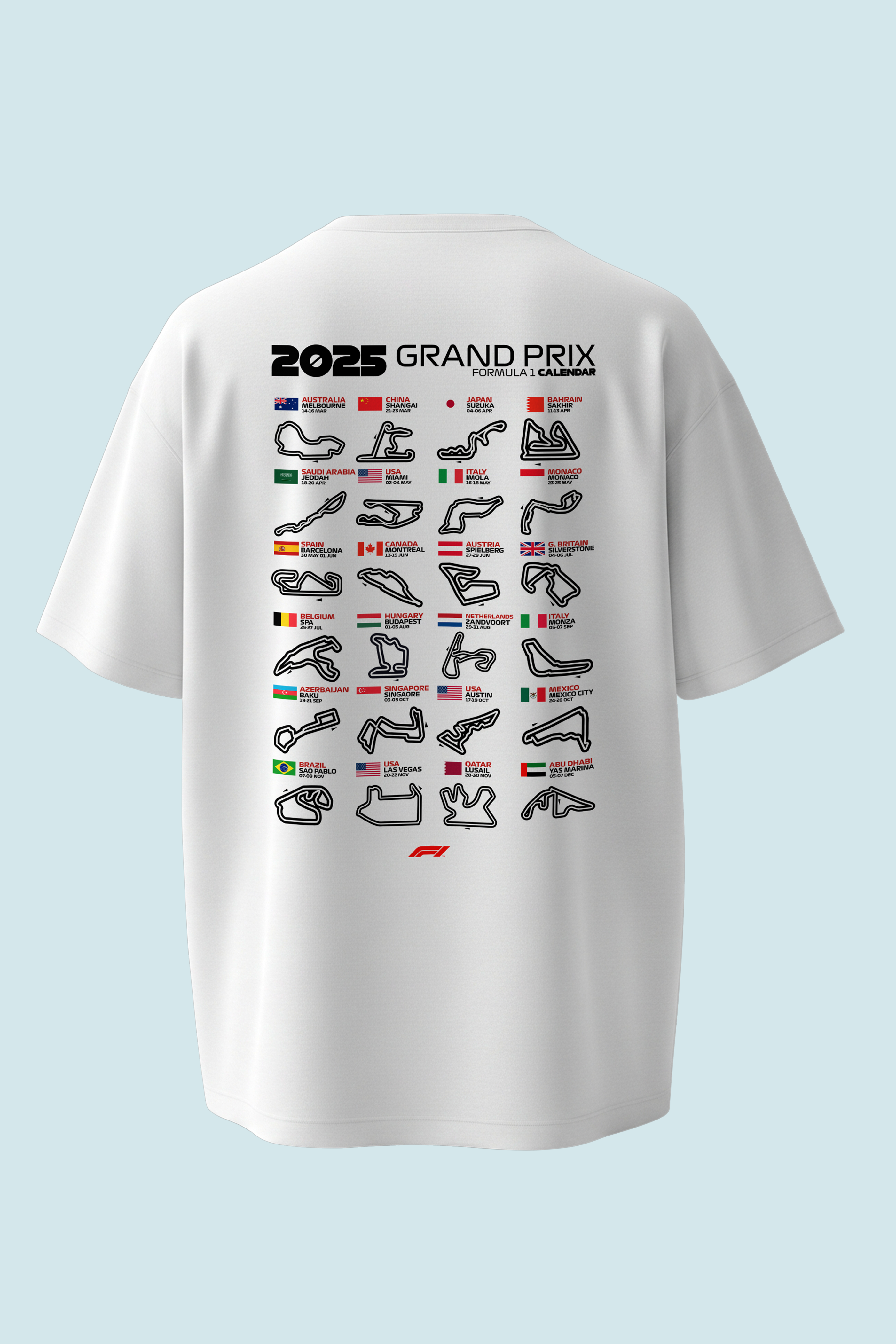 F1 2025 Season Calendar Oversized Tee | Grand Prix Track Map T-Shirt